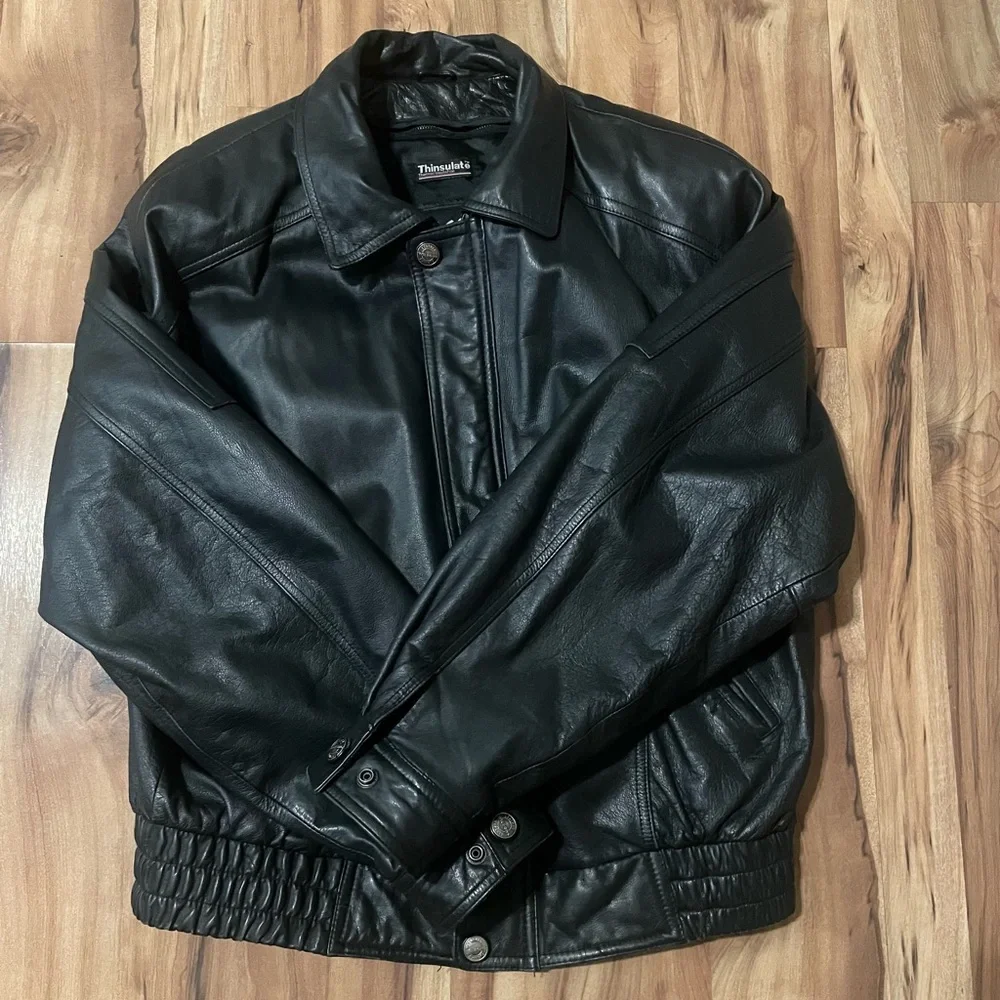 Wilsons Thinsulate Black Leather Bomber Jacket Sz L - Picture 1 of 13